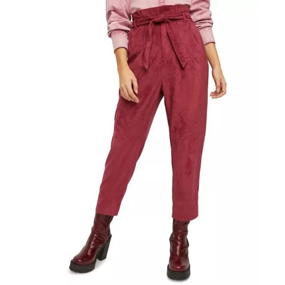 Free People Nightfall Vegan Suede Paperbag Pants Queen Pomegrana Women's Size 8 - Picture 2 of 10